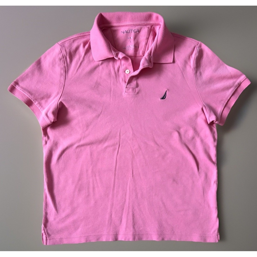 Nautica Short Sleeve Golf Polo Shirt Pink Embroidered Logo Slim Large JBHS